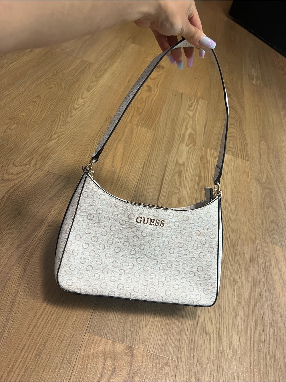 GUESS Cream pink Monogram Shoulder Bag with Gold Logo